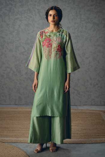 Buy_Paulmi And Harsh_Green Silk, Organza Embroidery, Beads, Shiro Floral Pattern Kurta Palazzo Set _at_Aza_Fashions