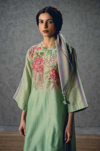 Shop_Paulmi And Harsh_Green Silk, Organza Embroidery, Beads, Shiro Floral Pattern Kurta Palazzo Set _Online_at_Aza_Fashions