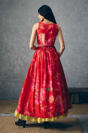 Shop_Paulmi And Harsh_Red Silk Embroidery Square Neck Ember Printed Waistcoat And Skirt Set _at_Aza_Fashions