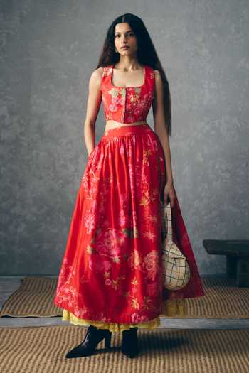 Buy_Paulmi And Harsh_Red Silk Embroidery Square Neck Ember Printed Waistcoat And Skirt Set _at_Aza_Fashions