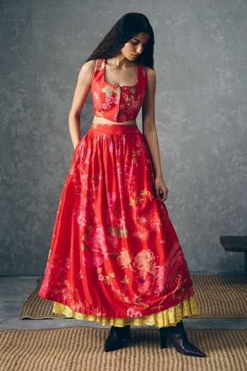 Paulmi And Harsh_Red Silk Embroidery Square Neck Ember Printed Waistcoat And Skirt Set _Online_at_Aza_Fashions