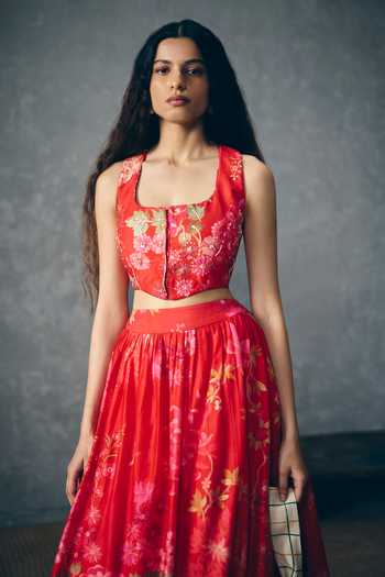 Buy_Paulmi And Harsh_Red Silk Embroidery Square Neck Ember Printed Waistcoat And Skirt Set _Online_at_Aza_Fashions
