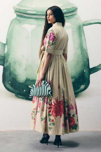 Shop_Paulmi And Harsh_Ivory Poplin Embroidery Collared Moonflower Printed Dress With Belt _at_Aza_Fashions