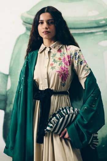 Paulmi And Harsh_Ivory Poplin Embroidery Collared Moonflower Printed Dress With Belt _Online_at_Aza_Fashions