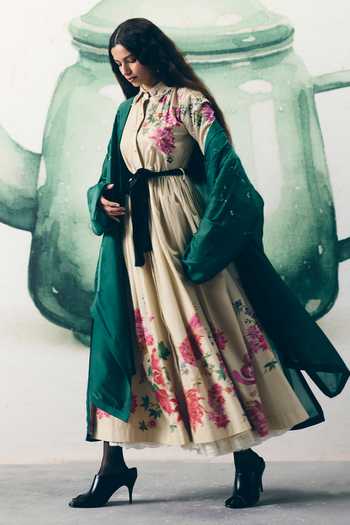 Buy_Paulmi And Harsh_Ivory Poplin Embroidery Collared Moonflower Printed Dress With Belt _Online_at_Aza_Fashions