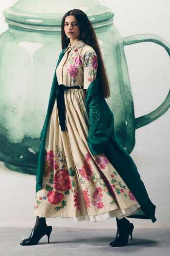 Shop_Paulmi And Harsh_Ivory Poplin Embroidery Collared Moonflower Printed Dress With Belt _Online_at_Aza_Fashions