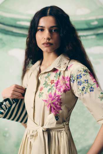 Paulmi And Harsh_Ivory Poplin Embroidery Collared Moonflower Printed Dress With Belt _at_Aza_Fashions