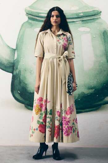 Buy_Paulmi And Harsh_Ivory Poplin Embroidery Collared Moonflower Printed Dress With Belt 