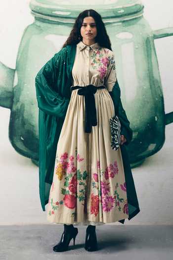 Buy_Paulmi And Harsh_Ivory Poplin Embroidery Collared Moonflower Printed Dress With Belt _at_Aza_Fashions