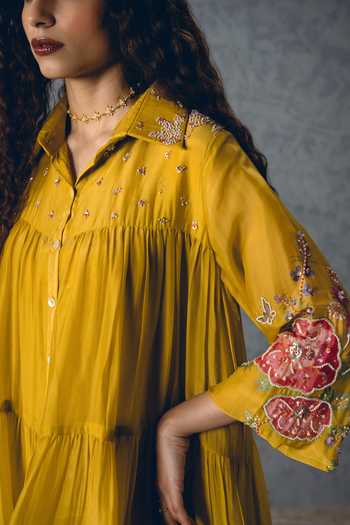 Paulmi And Harsh_Mustard Silk Organza, Shantoon Embroidery Lana Printed Sleeve Tiered Dress _Online_at_Aza_Fashions
