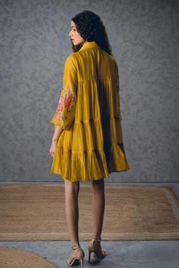 Shop_Paulmi And Harsh_Mustard Silk Organza, Shantoon Embroidery Lana Printed Sleeve Tiered Dress _at_Aza_Fashions