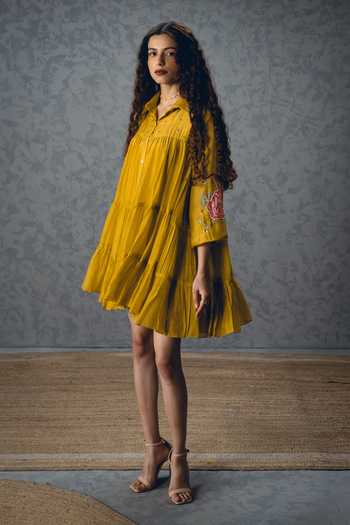 Buy_Paulmi And Harsh_Mustard Silk Organza, Shantoon Embroidery Lana Printed Sleeve Tiered Dress _Online_at_Aza_Fashions