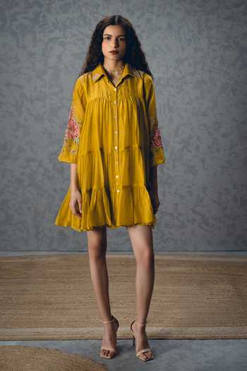 Shop_Paulmi And Harsh_Mustard Silk Organza, Shantoon Embroidery Lana Printed Sleeve Tiered Dress _Online_at_Aza_Fashions