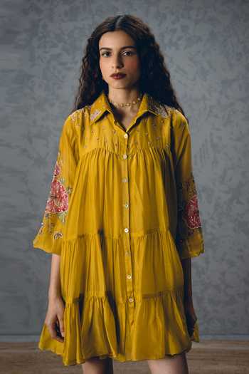 Paulmi And Harsh_Mustard Silk Organza, Shantoon Embroidery Lana Printed Sleeve Tiered Dress _at_Aza_Fashions