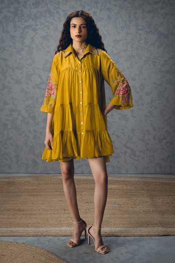 Buy_Paulmi And Harsh_Mustard Silk Organza, Shantoon Embroidery Lana Printed Sleeve Tiered Dress _at_Aza_Fashions