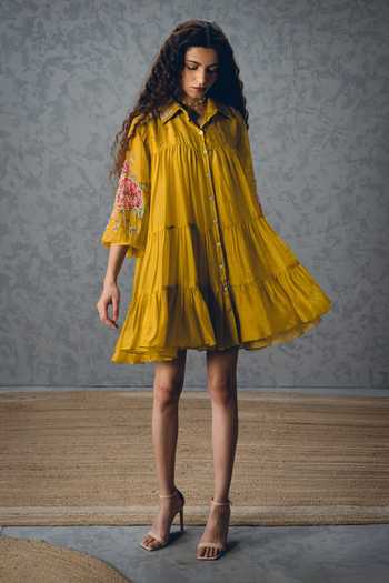 Buy_Paulmi And Harsh_Mustard Silk Organza, Shantoon Embroidery Lana Printed Sleeve Tiered Dress 