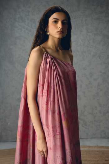 Paulmi And Harsh_Pink Silk Organza One Shoulder Penelope Chain Dress _Online_at_Aza_Fashions