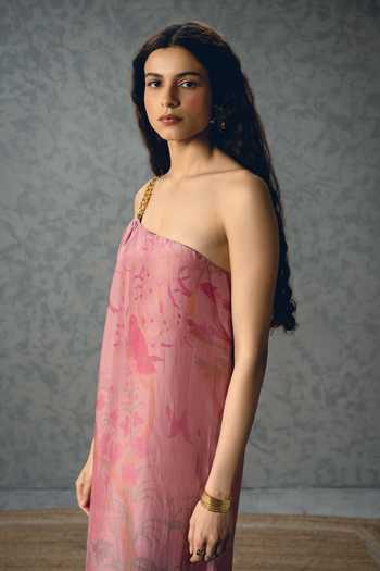 Buy_Paulmi And Harsh_Pink Silk Organza One Shoulder Penelope Chain Dress _Online_at_Aza_Fashions