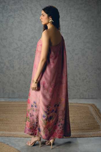 Shop_Paulmi And Harsh_Pink Silk Organza One Shoulder Penelope Chain Dress _at_Aza_Fashions