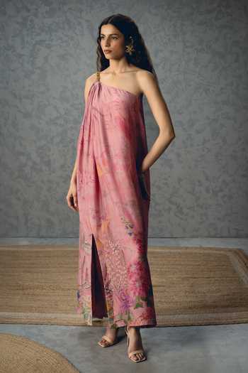 Shop_Paulmi And Harsh_Pink Silk Organza One Shoulder Penelope Chain Dress _Online_at_Aza_Fashions