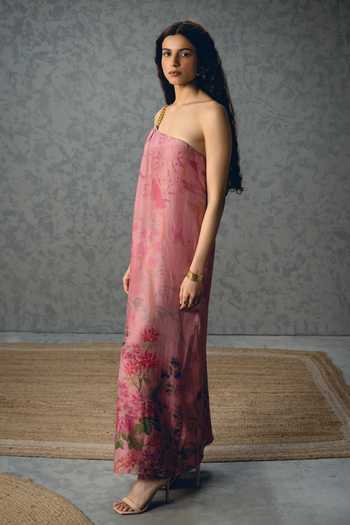 Paulmi And Harsh_Pink Silk Organza One Shoulder Penelope Chain Dress _at_Aza_Fashions