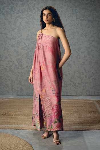 Buy_Paulmi And Harsh_Pink Silk Organza One Shoulder Penelope Chain Dress 