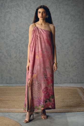 Buy_Paulmi And Harsh_Pink Silk Organza One Shoulder Penelope Chain Dress _at_Aza_Fashions