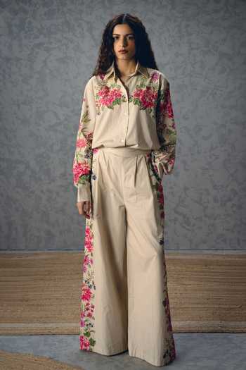 Paulmi And Harsh_Ivory Poplin Collared Airi Floral Print Shirt And Pant Set _Online_at_Aza_Fashions