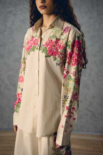 Buy_Paulmi And Harsh_Ivory Poplin Collared Airi Floral Print Shirt And Pant Set _Online_at_Aza_Fashions