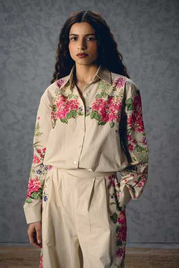 Shop_Paulmi And Harsh_Ivory Poplin Collared Airi Floral Print Shirt And Pant Set _Online_at_Aza_Fashions