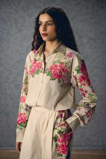 Paulmi And Harsh_Ivory Poplin Collared Airi Floral Print Shirt And Pant Set _at_Aza_Fashions