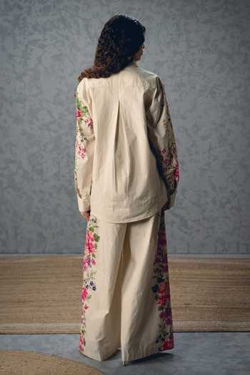 Shop_Paulmi And Harsh_Ivory Poplin Collared Airi Floral Print Shirt And Pant Set _at_Aza_Fashions