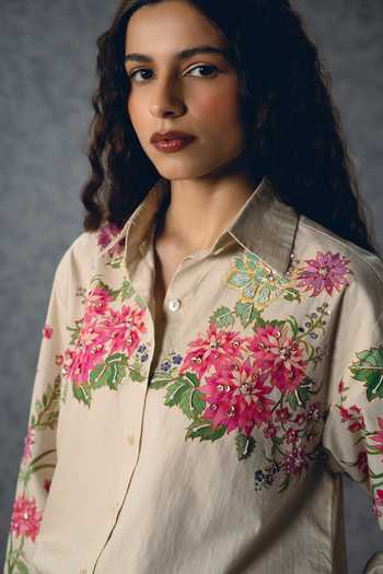 Buy_Paulmi And Harsh_Ivory Poplin Collared Airi Floral Print Shirt And Pant Set 