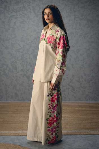 Shop_Paulmi And Harsh_Ivory Poplin Collared Airi Floral Print Shirt And Pant Set 