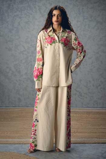 Buy_Paulmi And Harsh_Ivory Poplin Collared Airi Floral Print Shirt And Pant Set _at_Aza_Fashions