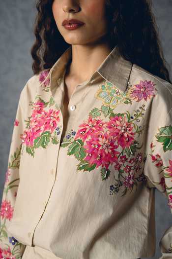 Paulmi And Harsh_Ivory Poplin Collared Airi Floral Print Shirt And Pant Set _Online