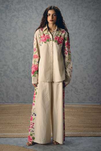 Buy_Paulmi And Harsh_Ivory Poplin Collared Airi Floral Print Shirt And Pant Set _Online