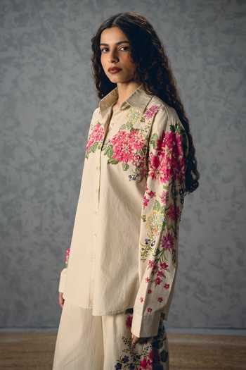 Shop_Paulmi And Harsh_Ivory Poplin Collared Airi Floral Print Shirt And Pant Set _Online