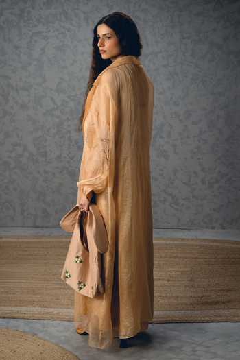 Shop_Paulmi And Harsh_Beige Modal, Silk, Organza Inaya Gathered Dress With Sheer Jacket _at_Aza_Fashions