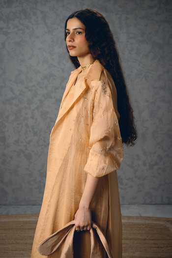 Buy_Paulmi And Harsh_Beige Modal, Silk, Organza Inaya Gathered Dress With Sheer Jacket _Online_at_Aza_Fashions