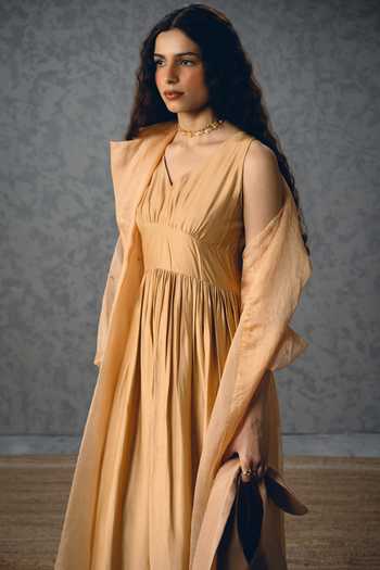 Shop_Paulmi And Harsh_Beige Modal, Silk, Organza Inaya Gathered Dress With Sheer Jacket _Online_at_Aza_Fashions