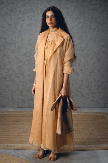 Buy_Paulmi And Harsh_Beige Modal, Silk, Organza Inaya Gathered Dress With Sheer Jacket _at_Aza_Fashions
