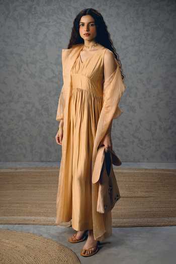Buy_Paulmi And Harsh_Beige Modal, Silk, Organza Inaya Gathered Dress With Sheer Jacket 
