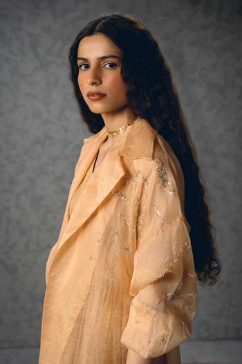 Shop_Paulmi And Harsh_Beige Modal, Silk, Organza Inaya Gathered Dress With Sheer Jacket 