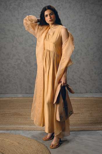 Paulmi And Harsh_Beige Modal, Silk, Organza Inaya Gathered Dress With Sheer Jacket _Online