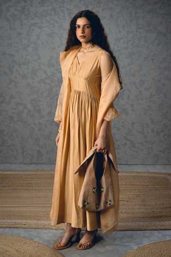 Buy_Paulmi And Harsh_Beige Modal, Silk, Organza Inaya Gathered Dress With Sheer Jacket _Online