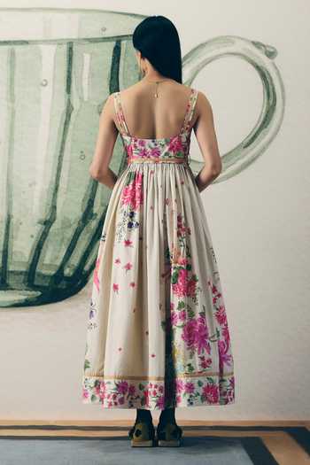 Shop_Paulmi And Harsh_Off White Poplin Square Neck Hanami Floral Print Dress With Belt _at_Aza_Fashions