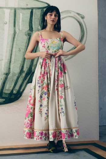 Paulmi And Harsh_Off White Poplin Square Neck Hanami Floral Print Dress With Belt _Online_at_Aza_Fashions