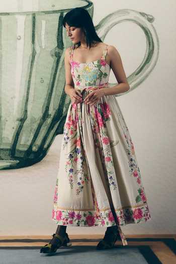 Buy_Paulmi And Harsh_Off White Poplin Square Neck Hanami Floral Print Dress With Belt _Online_at_Aza_Fashions
