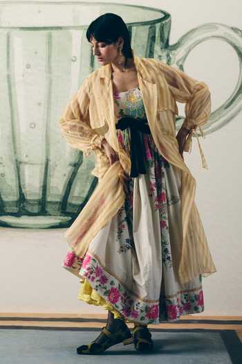 Shop_Paulmi And Harsh_Off White Poplin Square Neck Hanami Floral Print Dress With Belt _Online_at_Aza_Fashions